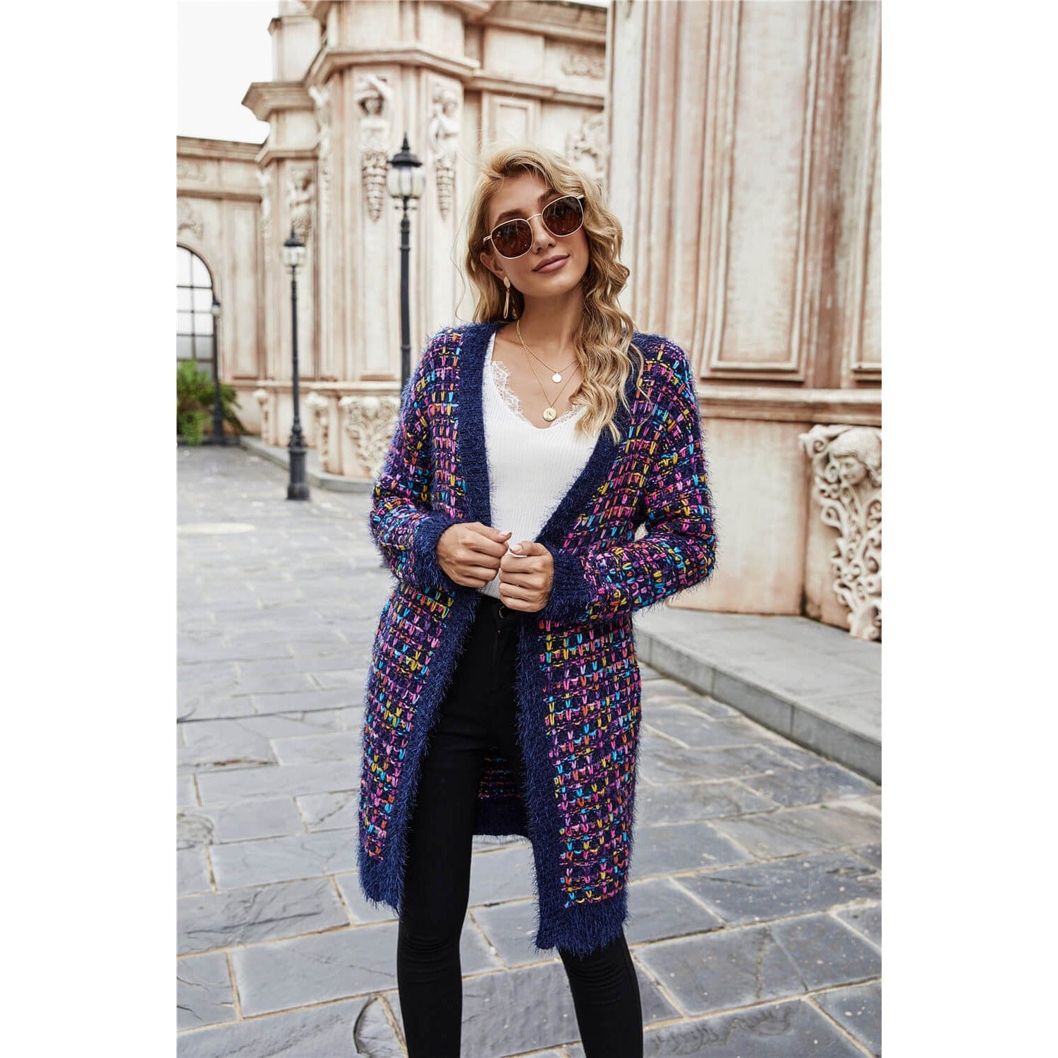 Multicolored Ribbed Trim Open Front Cardigan with Pockets