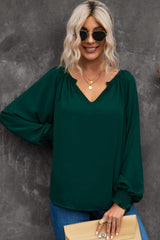 Notched Neck Lantern Sleeve Blouse