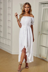 Off-Shoulder Drawstring Waist Ruffled High-Low Dress