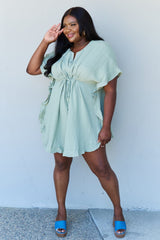 Out Of Time Full Size Ruffle Hem Dress with Drawstring Waistband in Light Sage