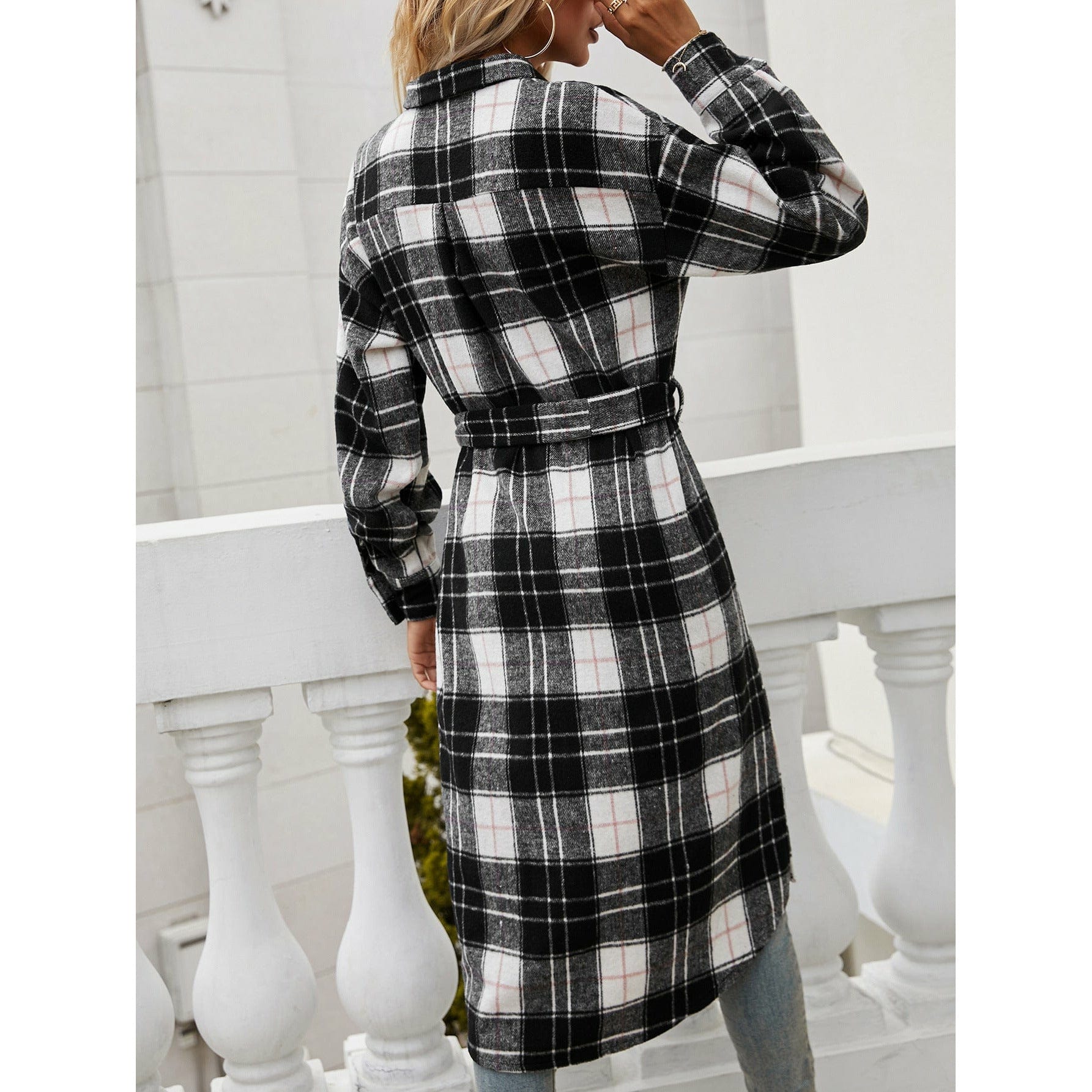 Plaid Belted Button Down Longline Shirt Jacket