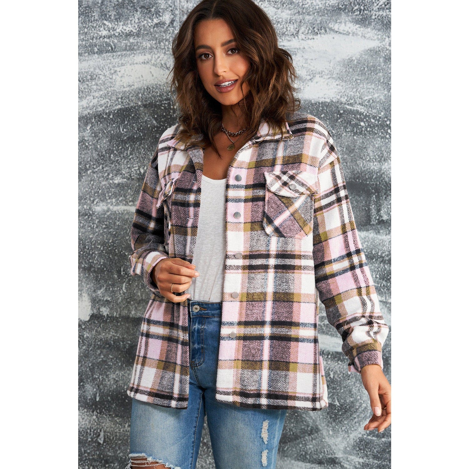 Plaid Button Front Shirt Jacket with Breast Pockets