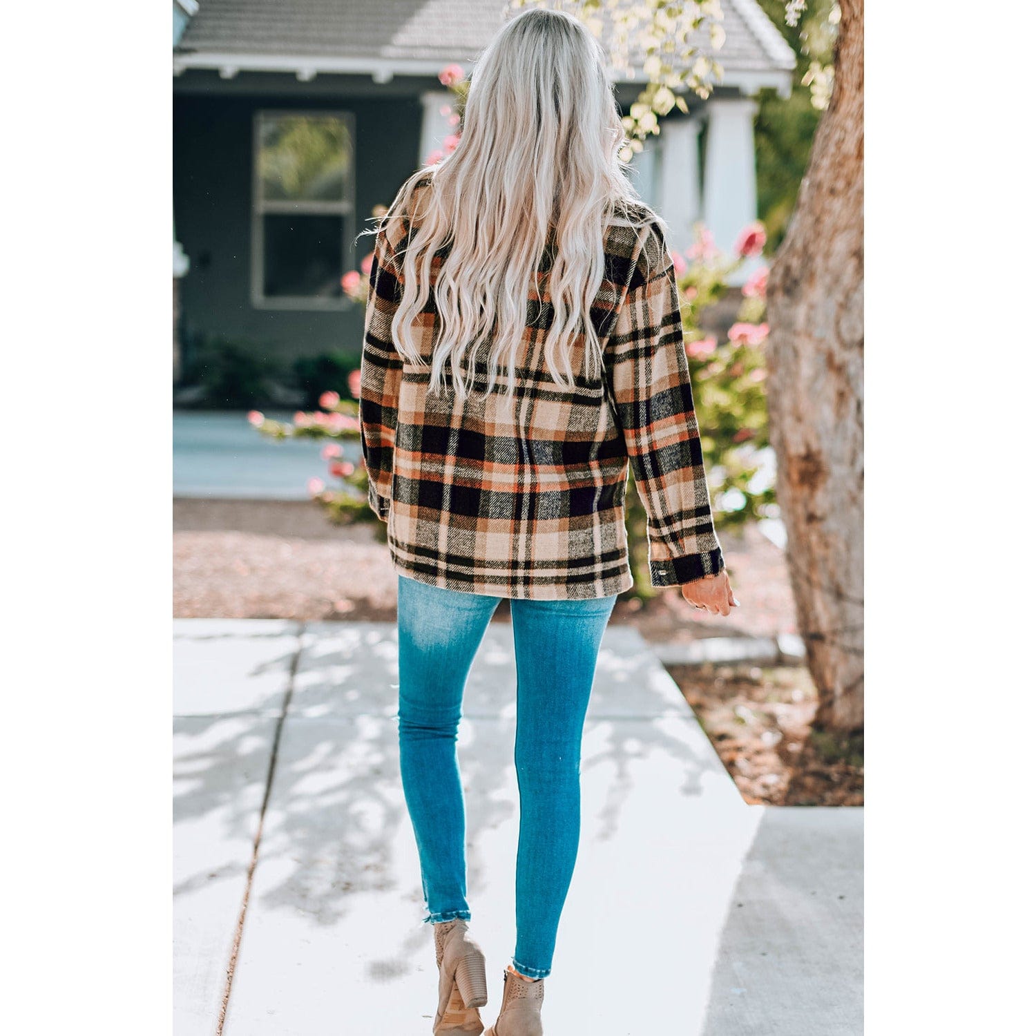 Plaid Button Front Shirt Jacket with Breast Pockets