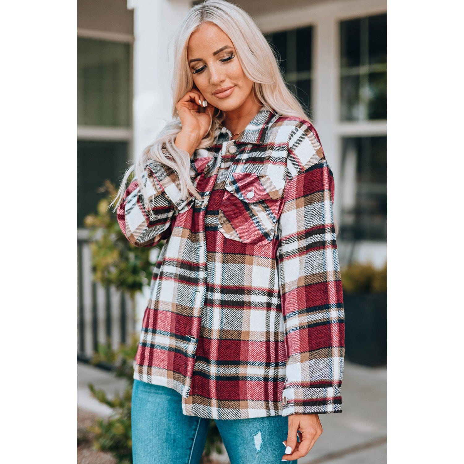 Plaid Button Front Shirt Jacket with Breast Pockets