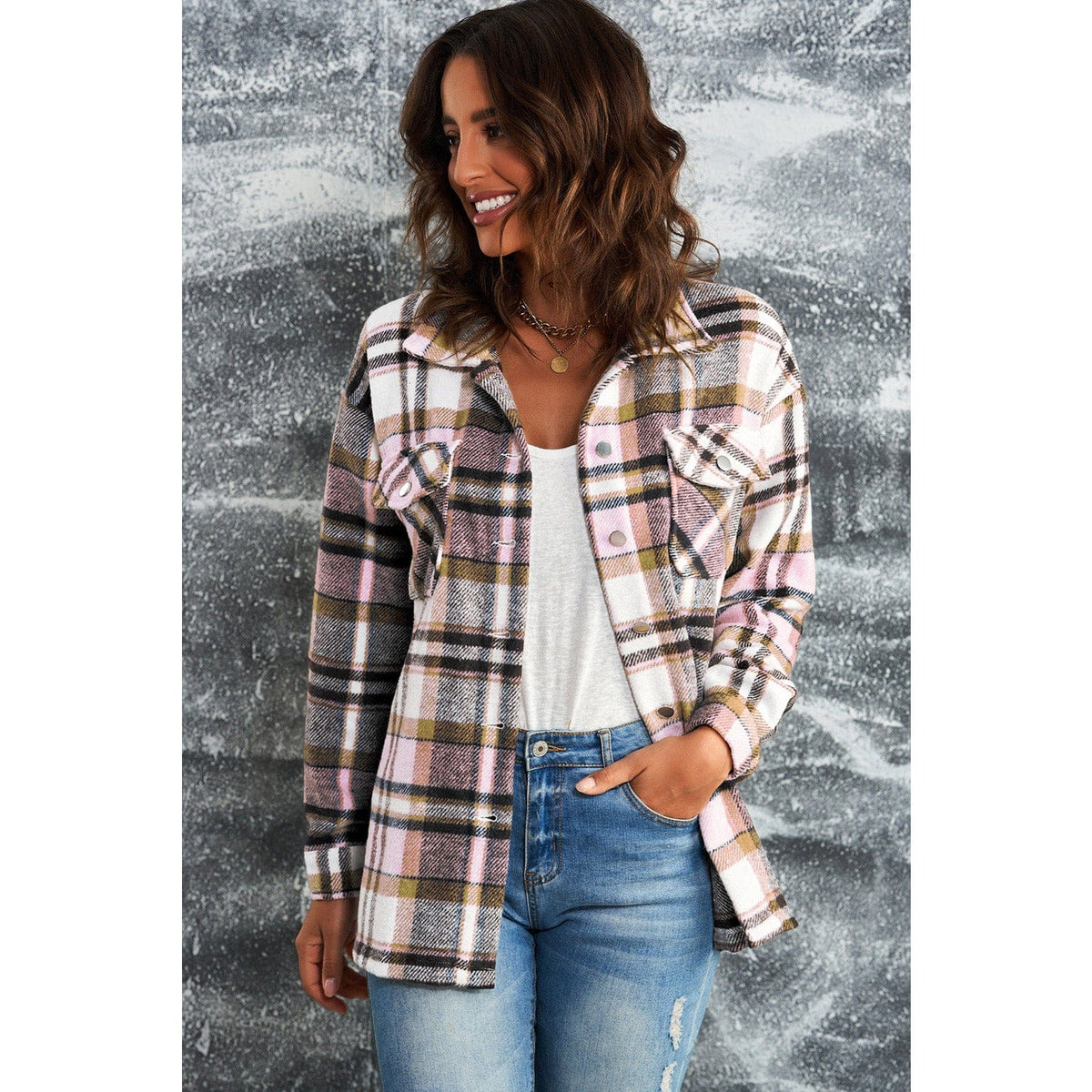 Plaid Button Front Shirt Jacket with Breast Pockets