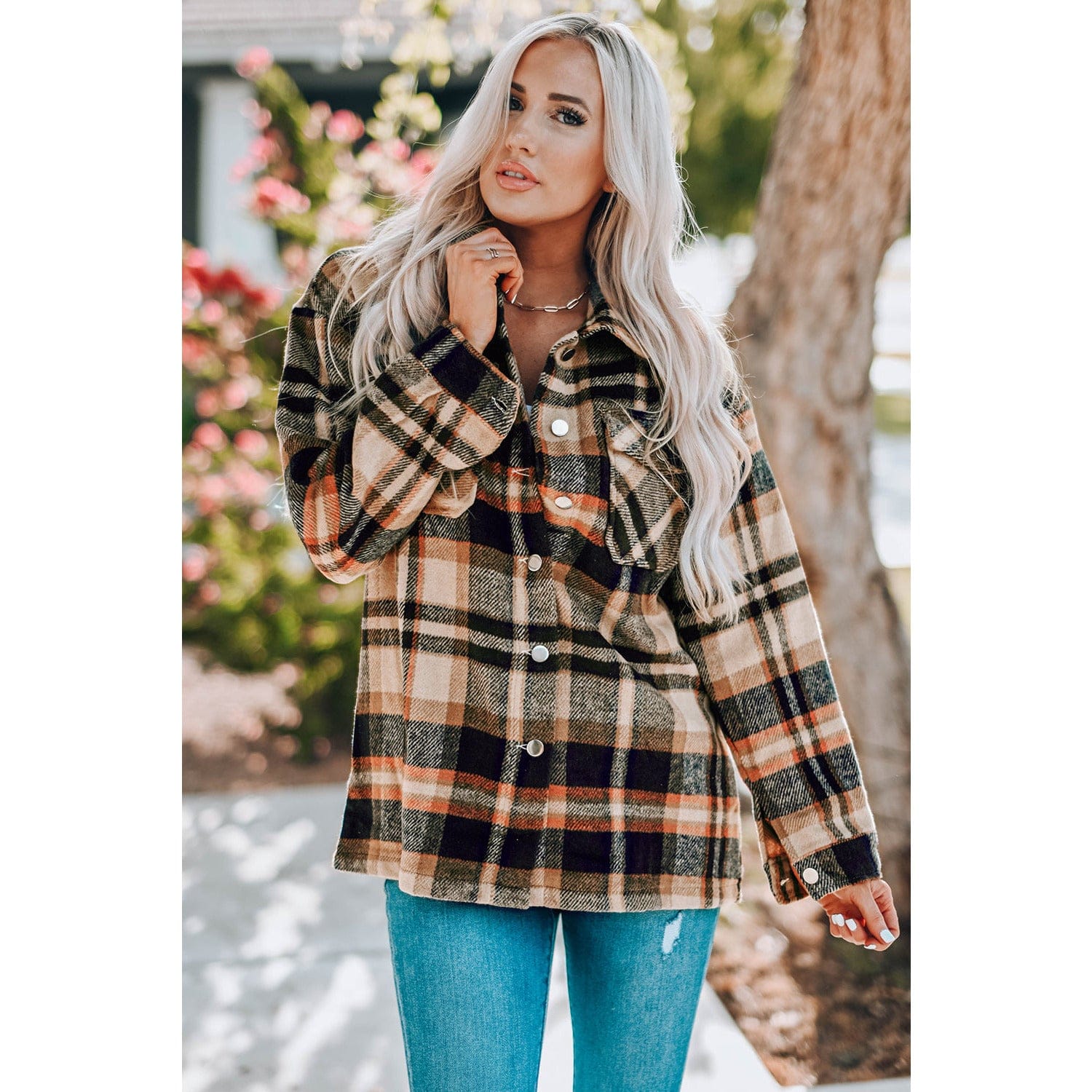 Plaid Button Front Shirt Jacket with Breast Pockets