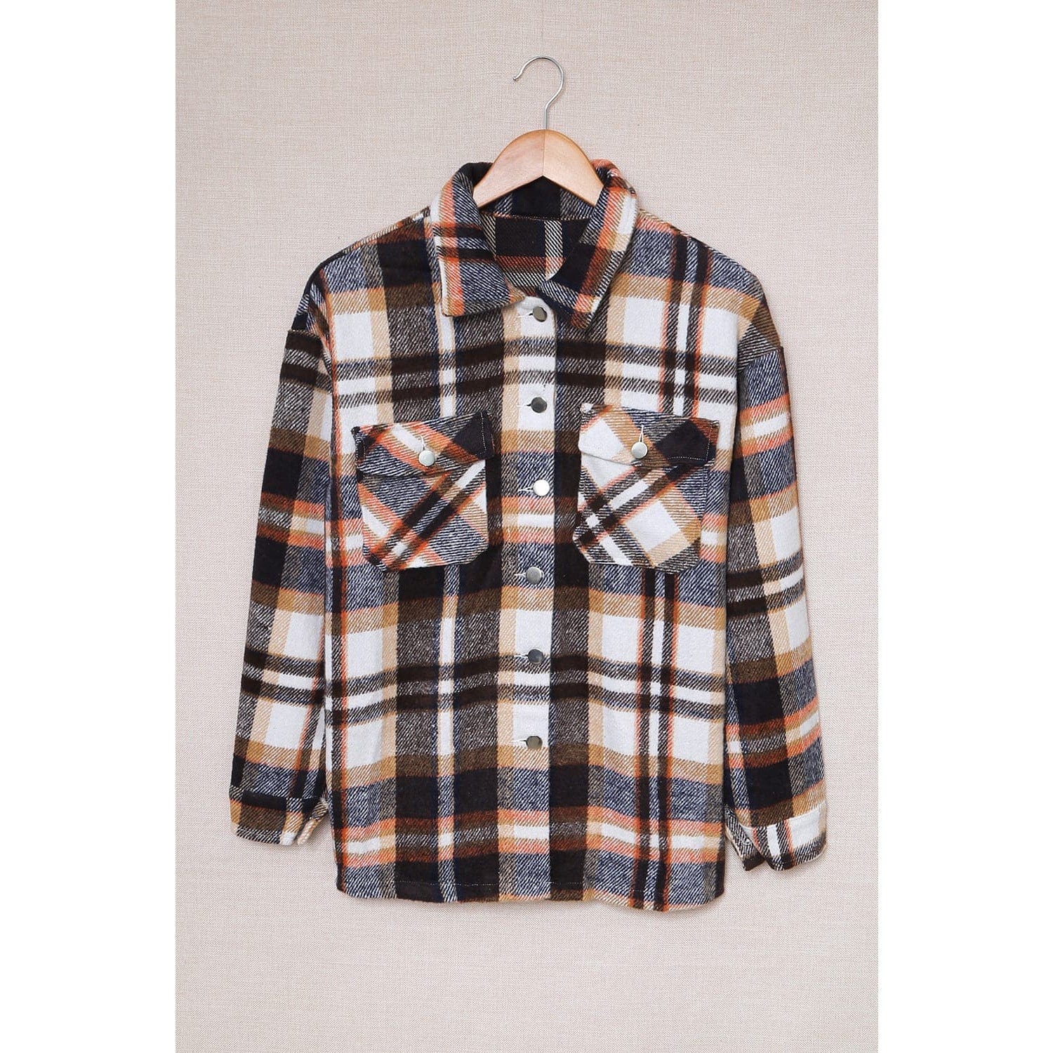 Plaid Button Front Shirt Jacket with Breast Pockets