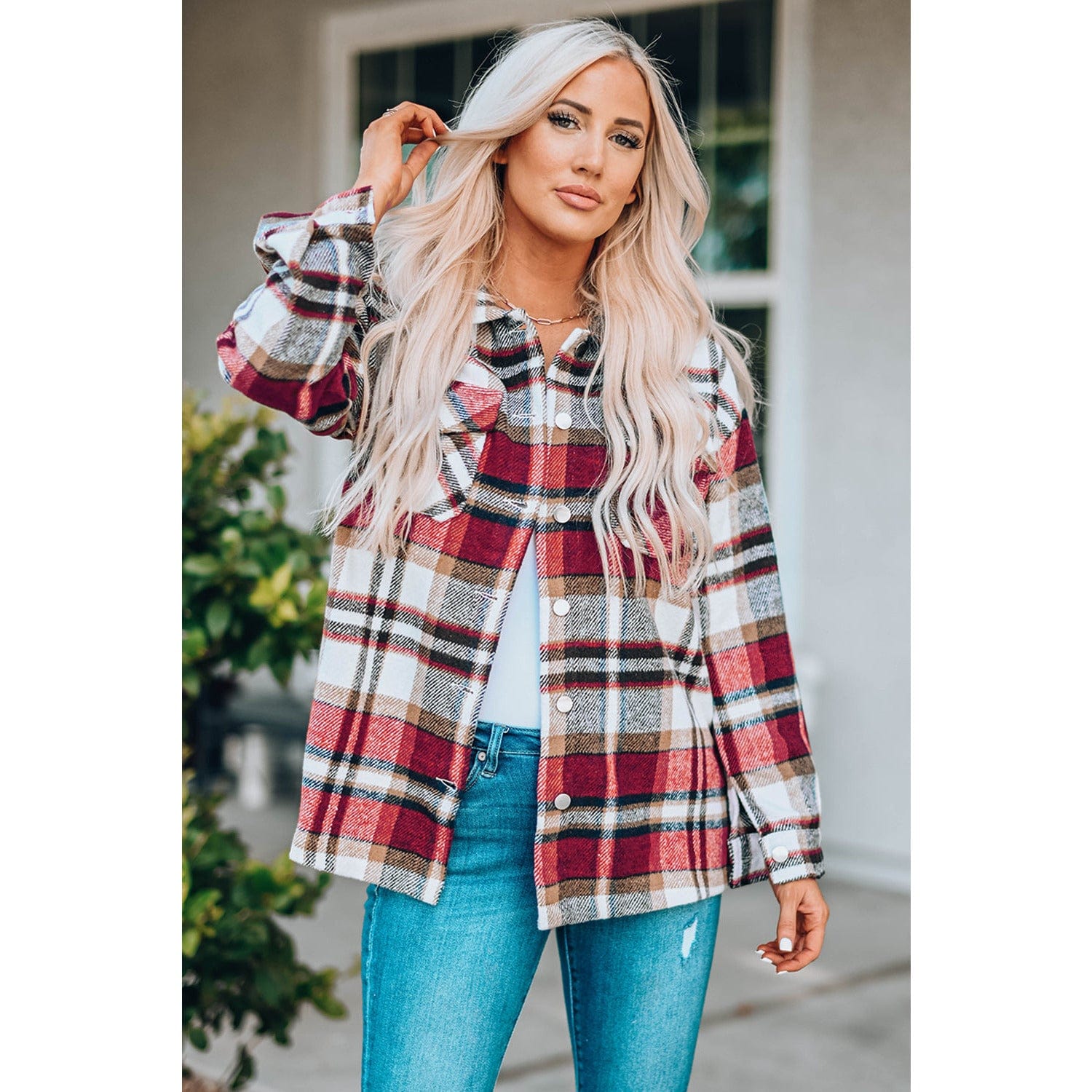 Plaid Button Front Shirt Jacket with Breast Pockets