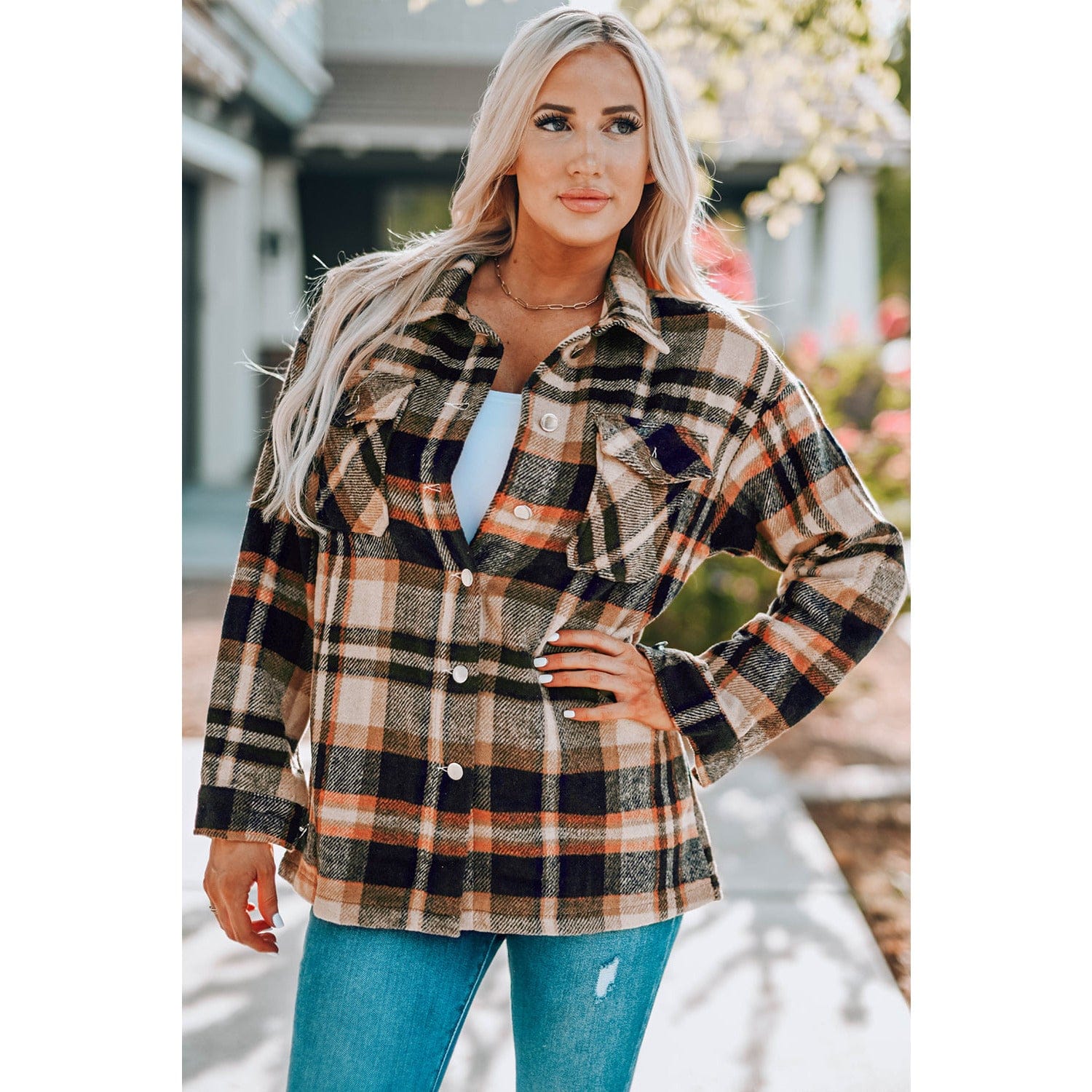 Plaid Button Front Shirt Jacket with Breast Pockets