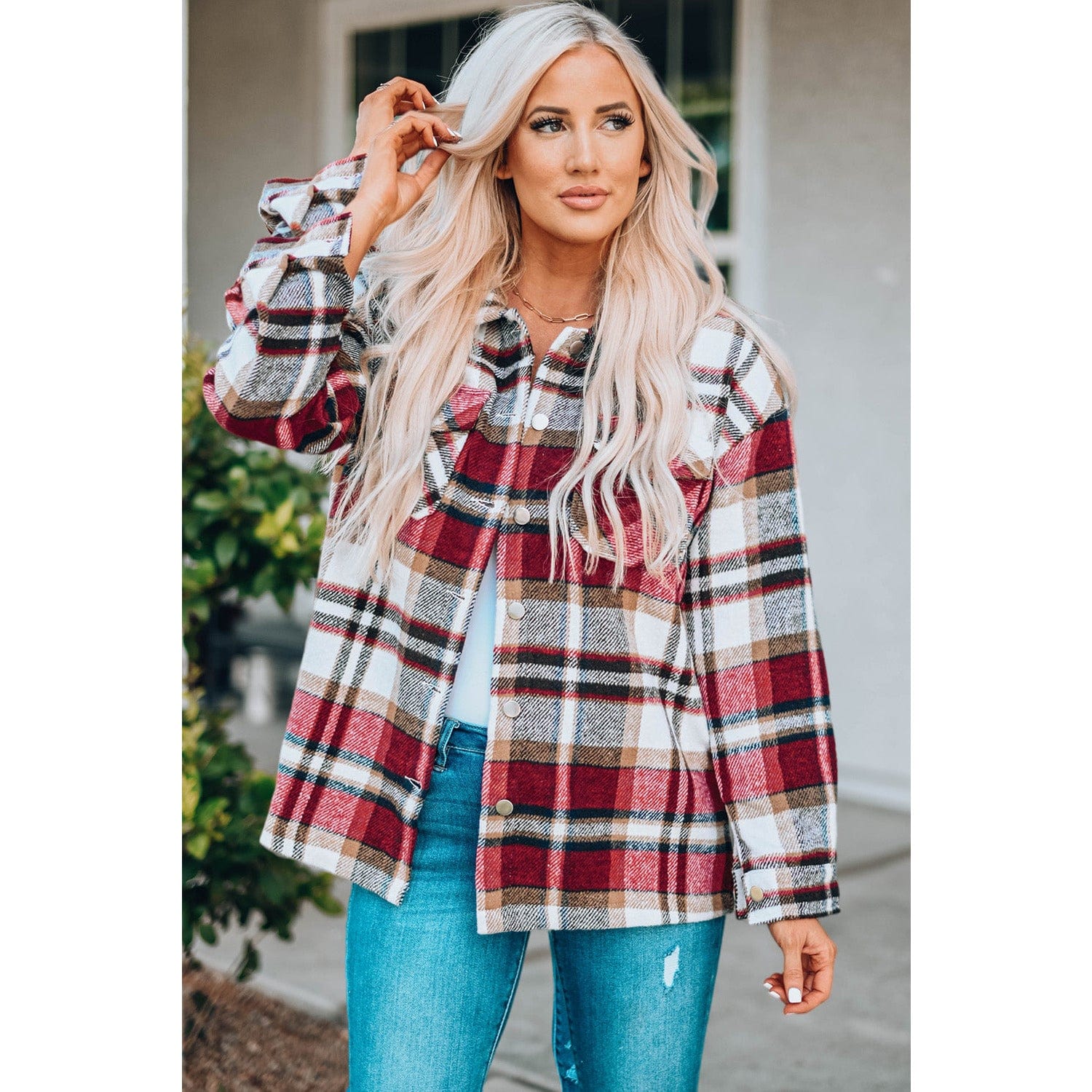 Plaid Button Front Shirt Jacket with Breast Pockets