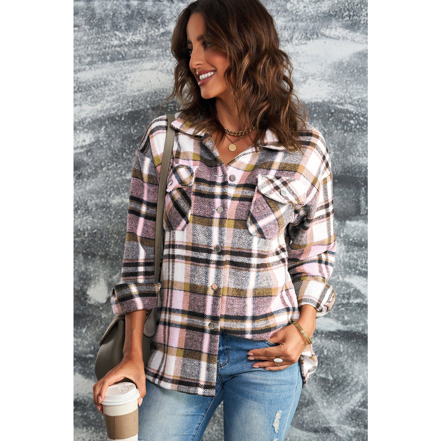 Plaid Button Front Shirt Jacket with Breast Pockets