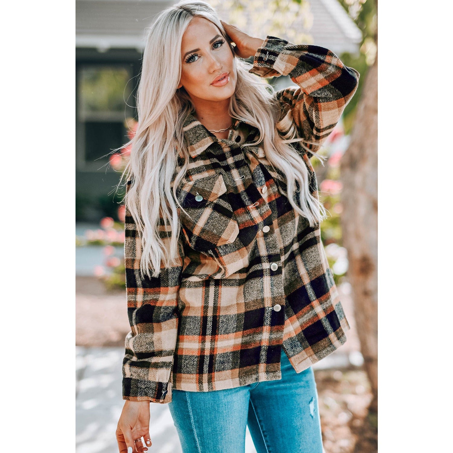 Plaid Button Front Shirt Jacket with Breast Pockets