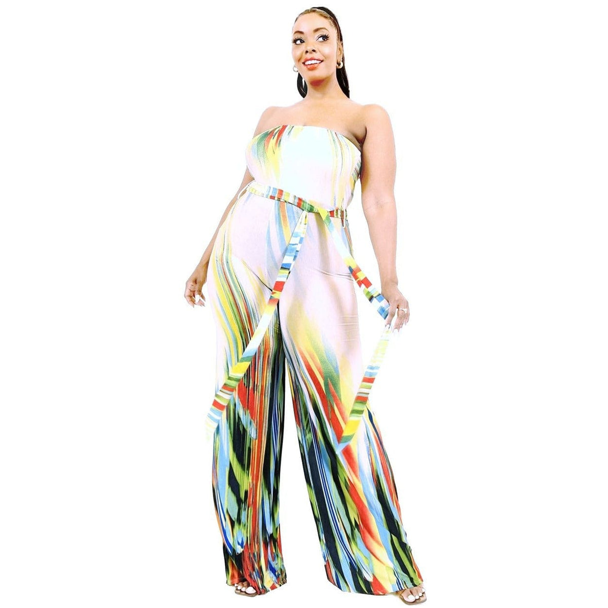 Plus Off Shoulder Color Brushed Tie Waist Jumpsuit