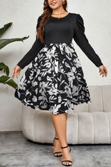 Plus Size Round Neck Puff Sleeve Printed Dress