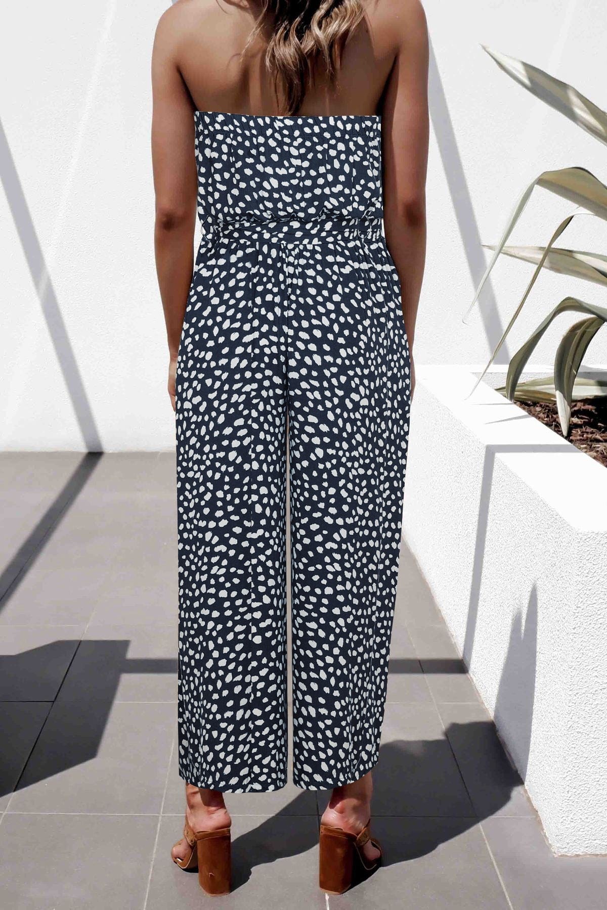 Printed Strapless Tie Waist Wide Leg Jumpsuit