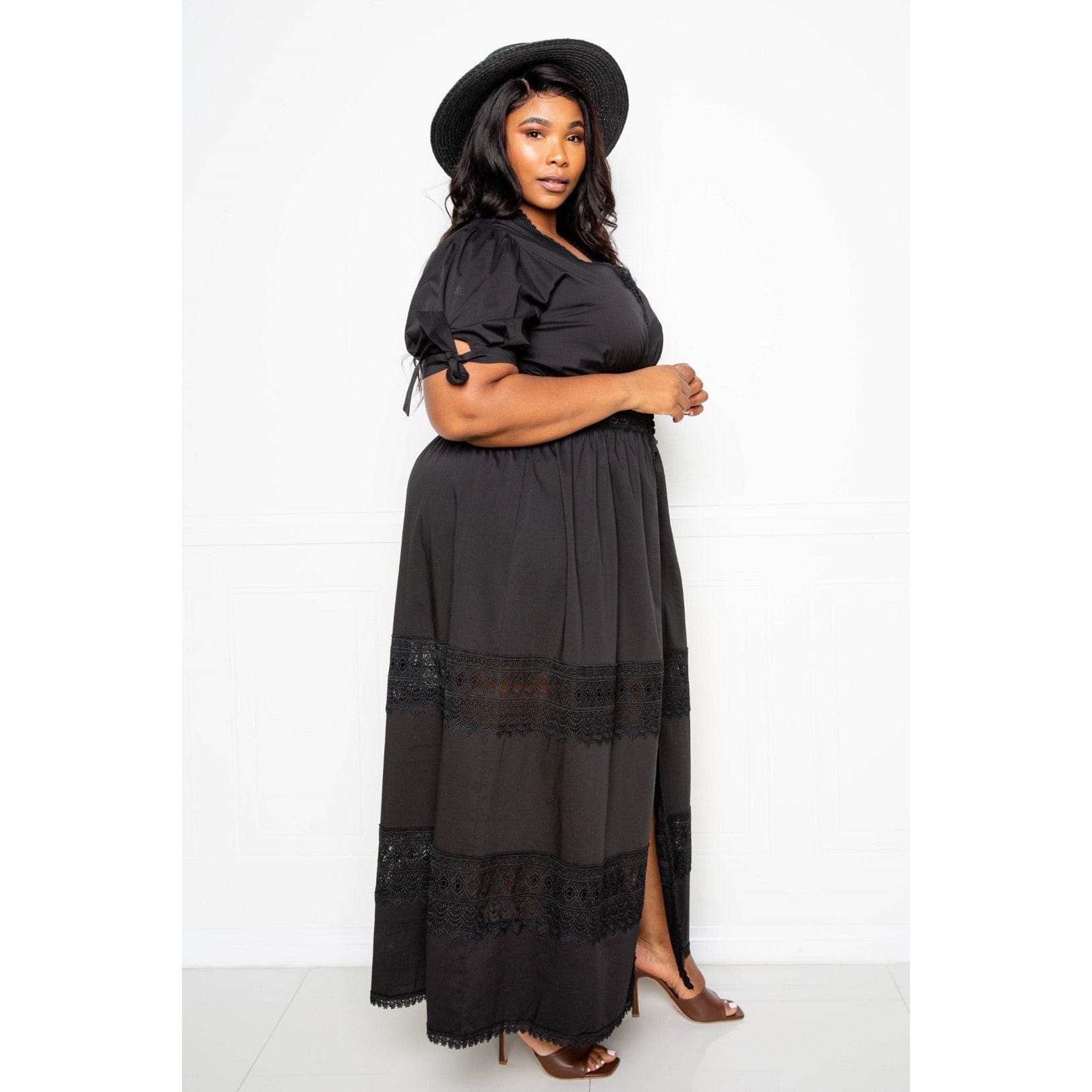 Puff Sleeve Maxi Dress With Lace Insert