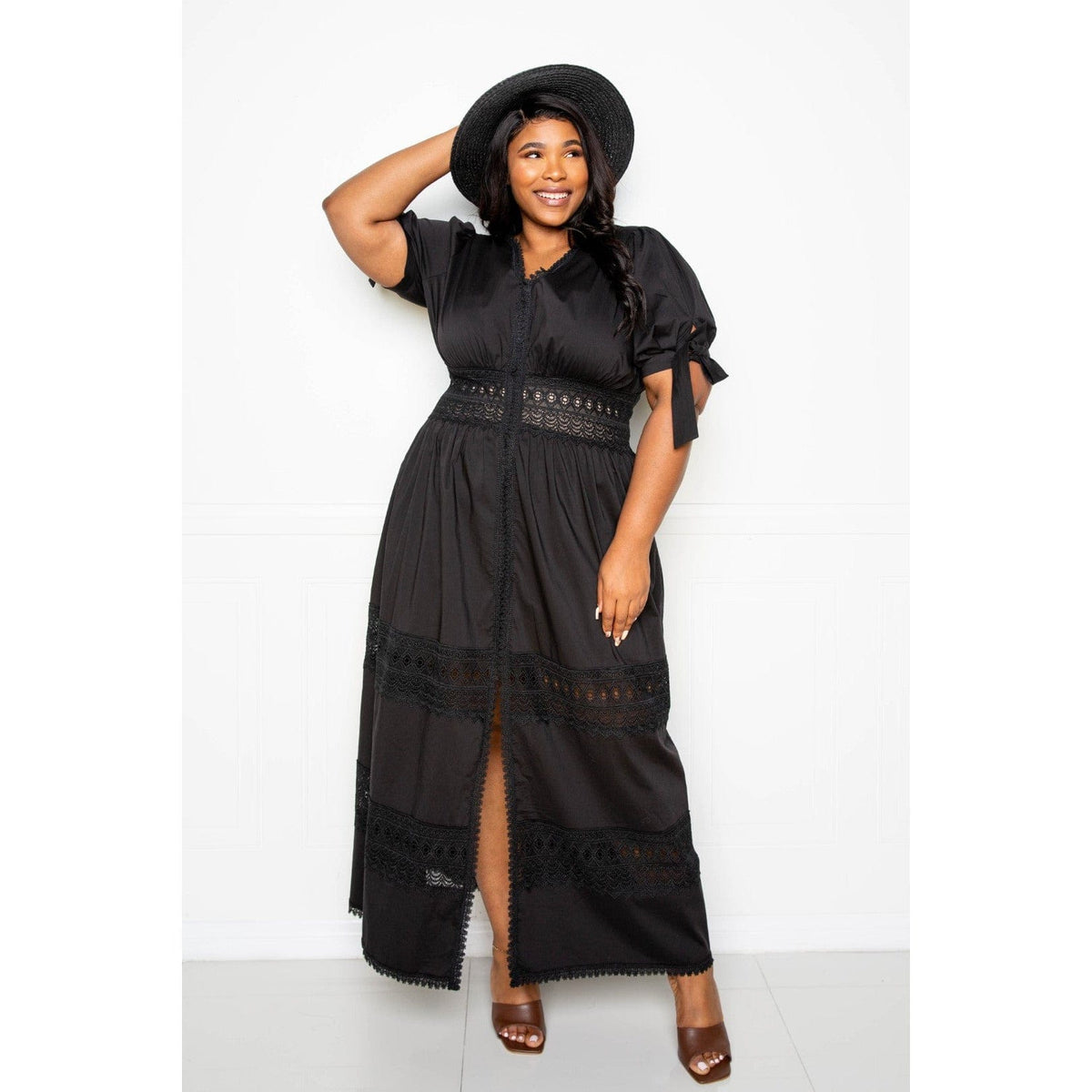 Puff Sleeve Maxi Dress With Lace Insert