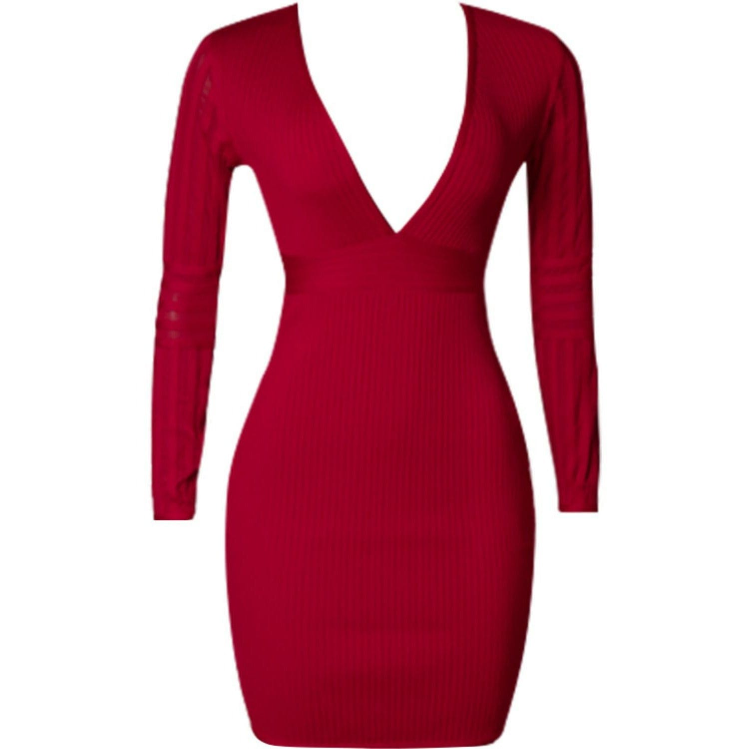 Ribbed Deep V Long Sleeve Mini Bandage Dress