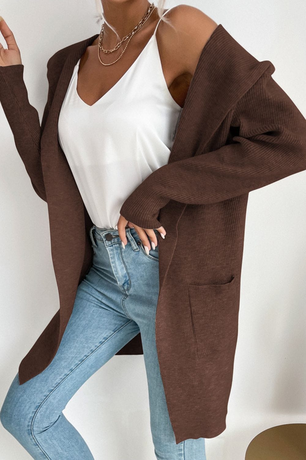 Ribbed Open Front Hooded Cardigan with Pockets