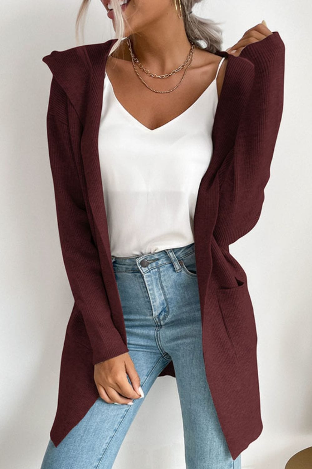 Ribbed Open Front Hooded Cardigan with Pockets