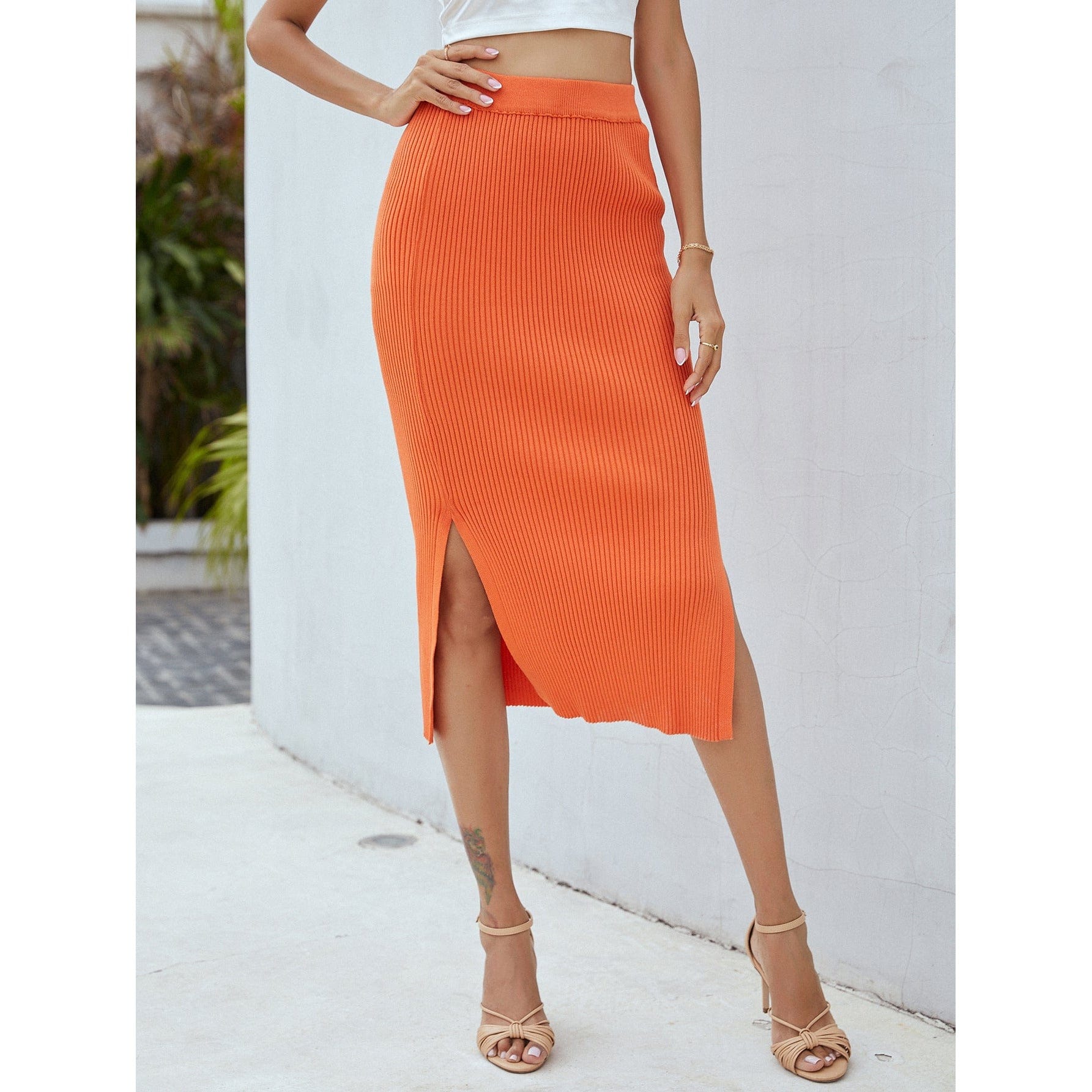 Ribbed Side Slit Midi Skirt