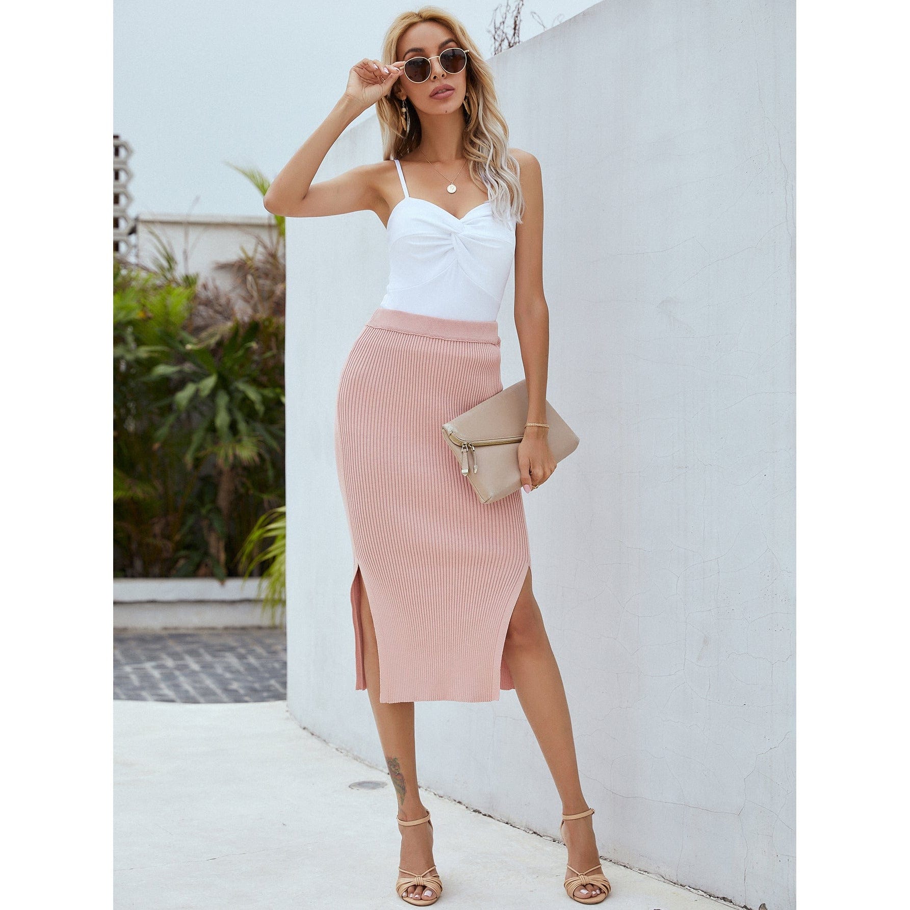 Ribbed Side Slit Midi Skirt