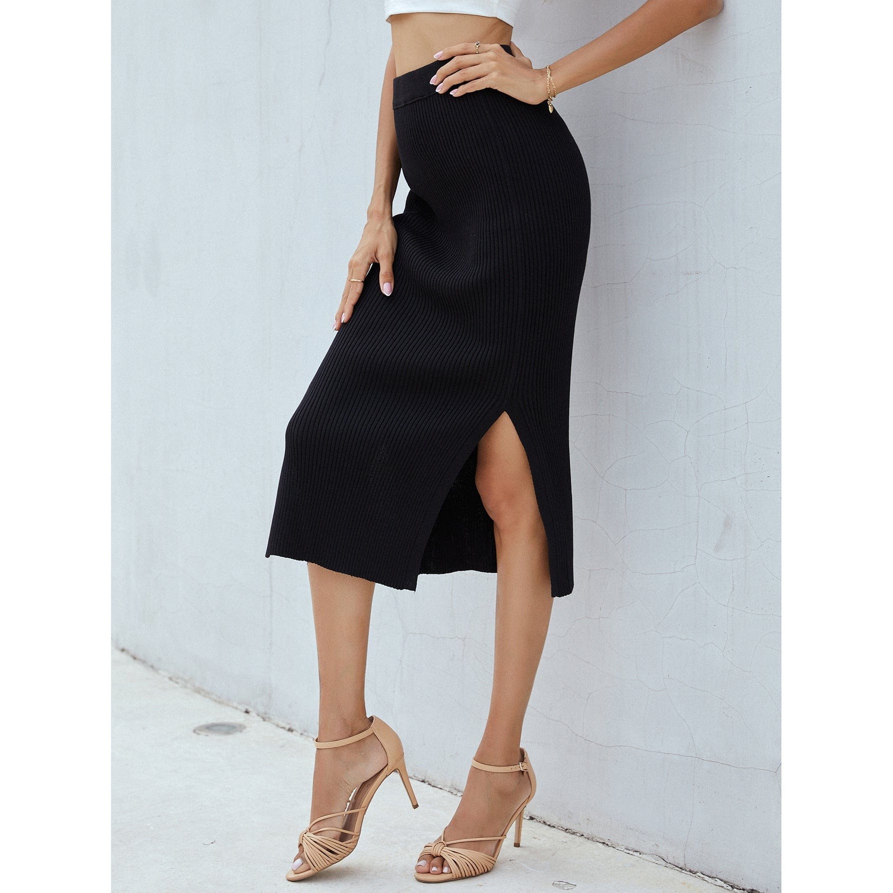 Ribbed Side Slit Midi Skirt