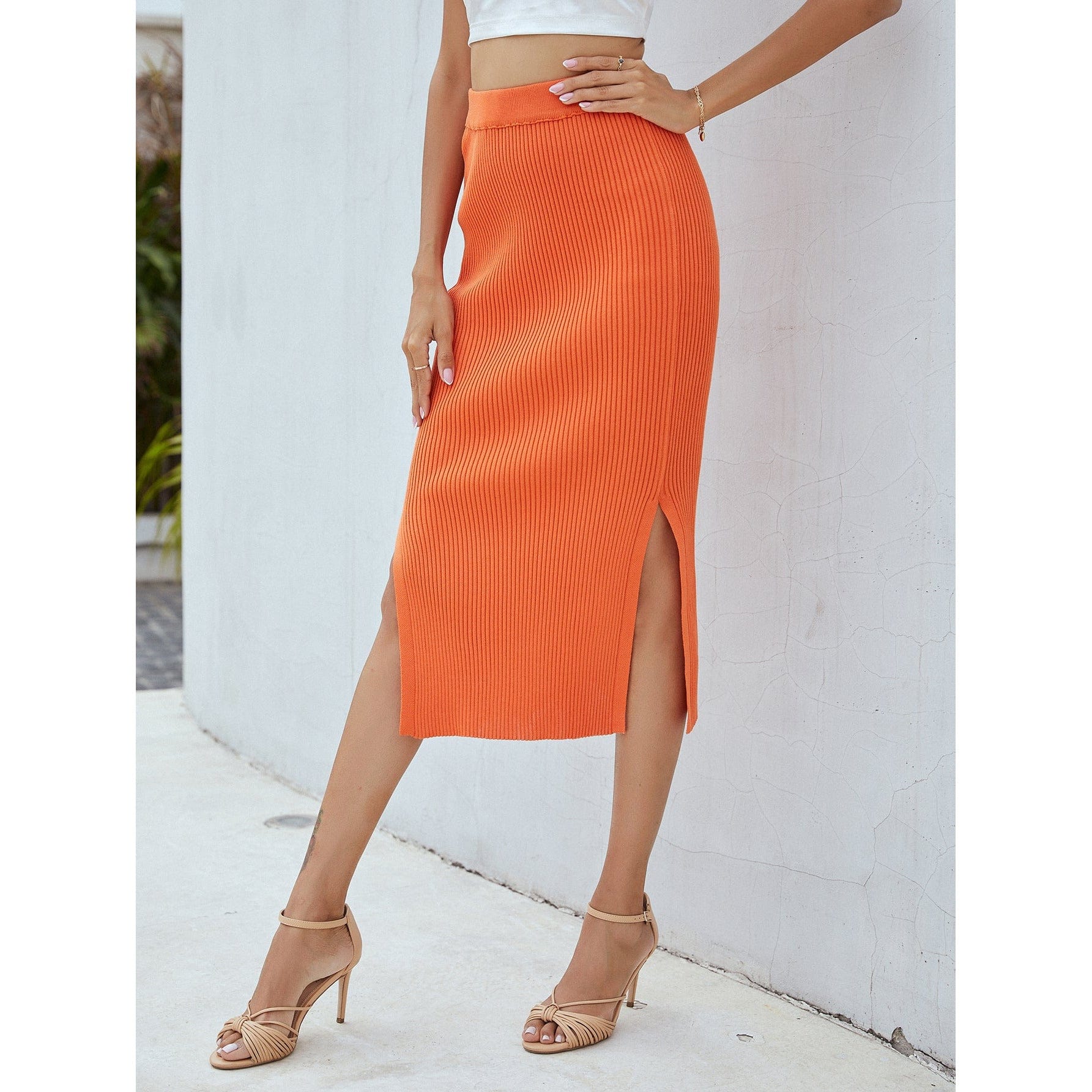 Ribbed Side Slit Midi Skirt