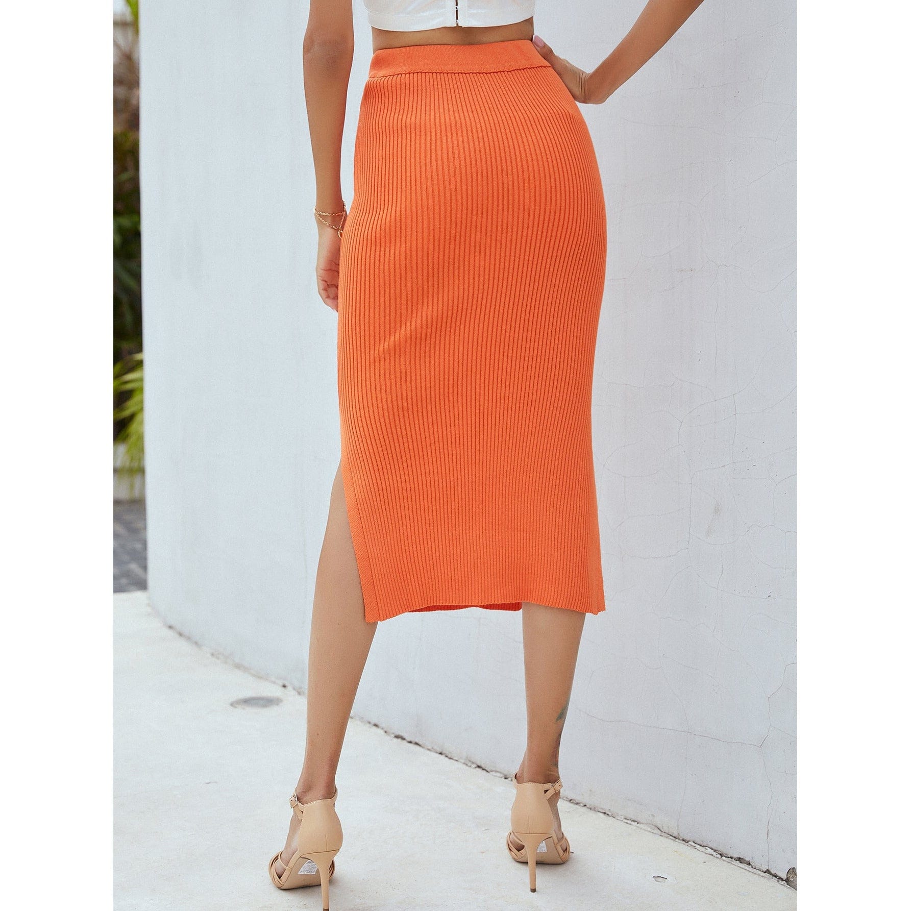 Ribbed Side Slit Midi Skirt