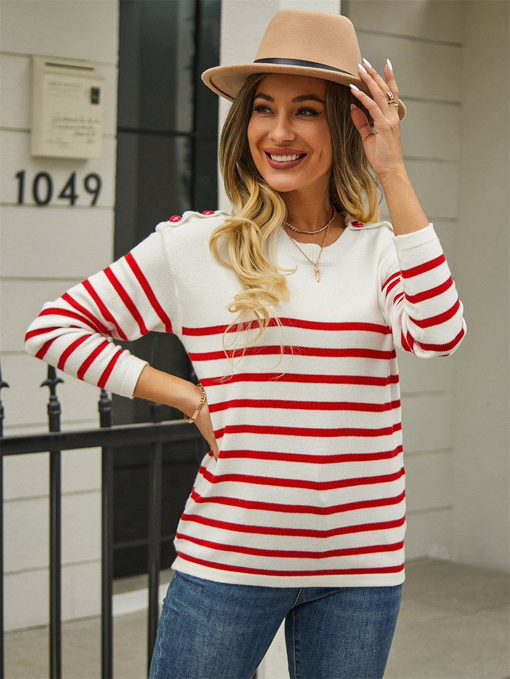 Round Neck Shoulder Button Striped Pullover Sweater