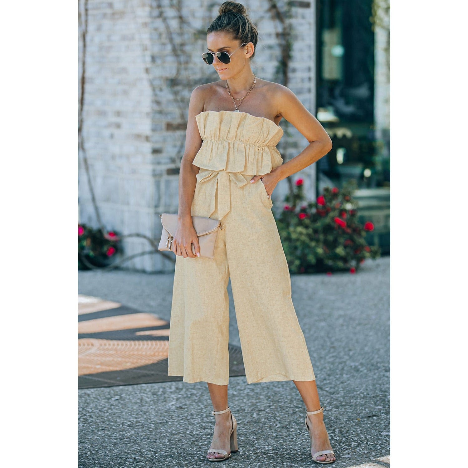 Ruffled Strapless Wide Leg Jumpsuit