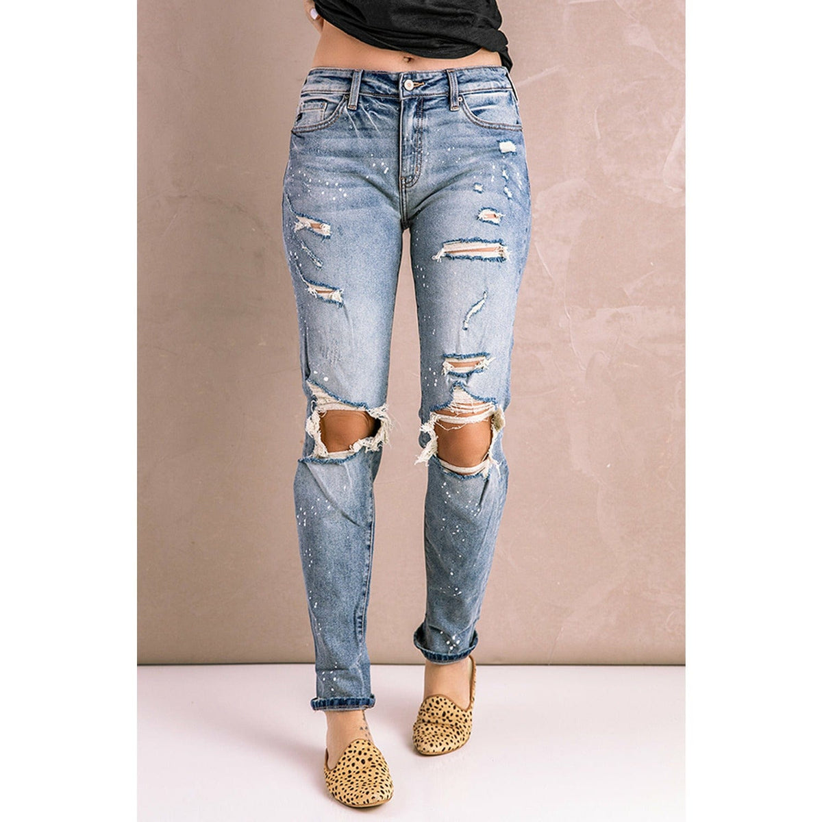 Splatter Distressed Acid Wash Jeans with Pockets