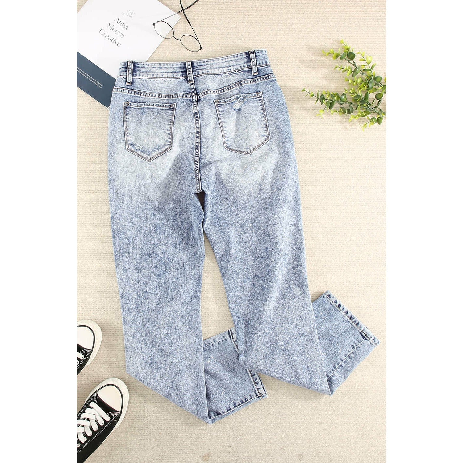 Splatter Distressed Acid Wash Jeans with Pockets