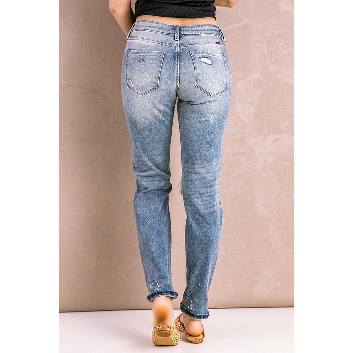 Splatter Distressed Acid Wash Jeans with Pockets