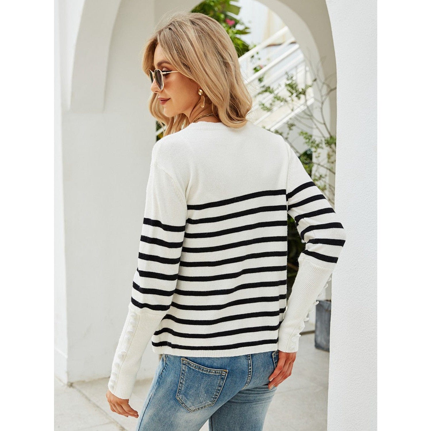 Striped Decorative Button Knit Top