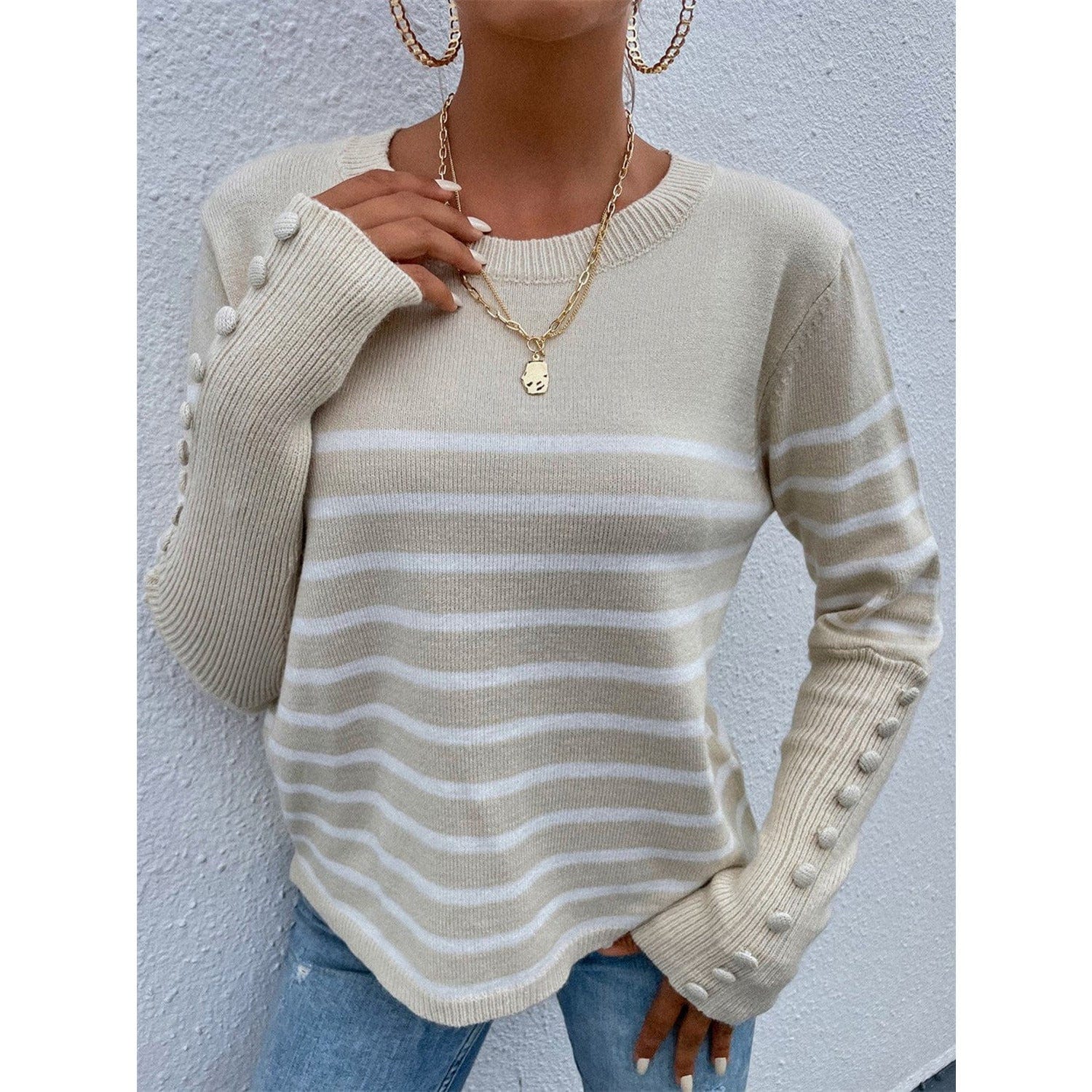 Striped Decorative Button Knit Top