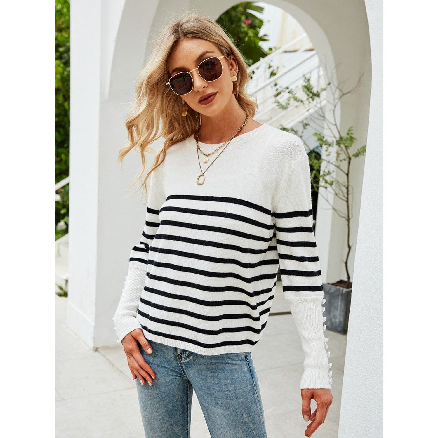 Striped Decorative Button Knit Top