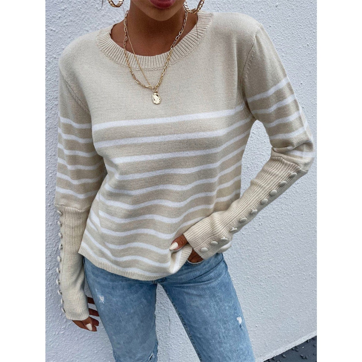 Striped Decorative Button Knit Top