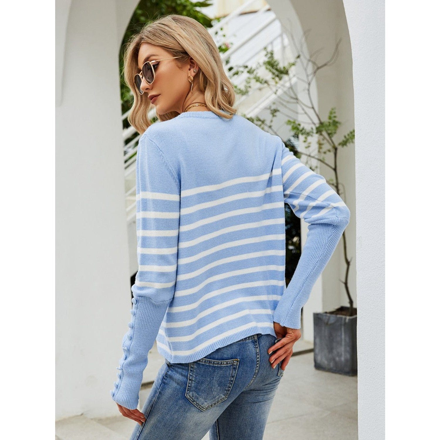 Striped Decorative Button Knit Top