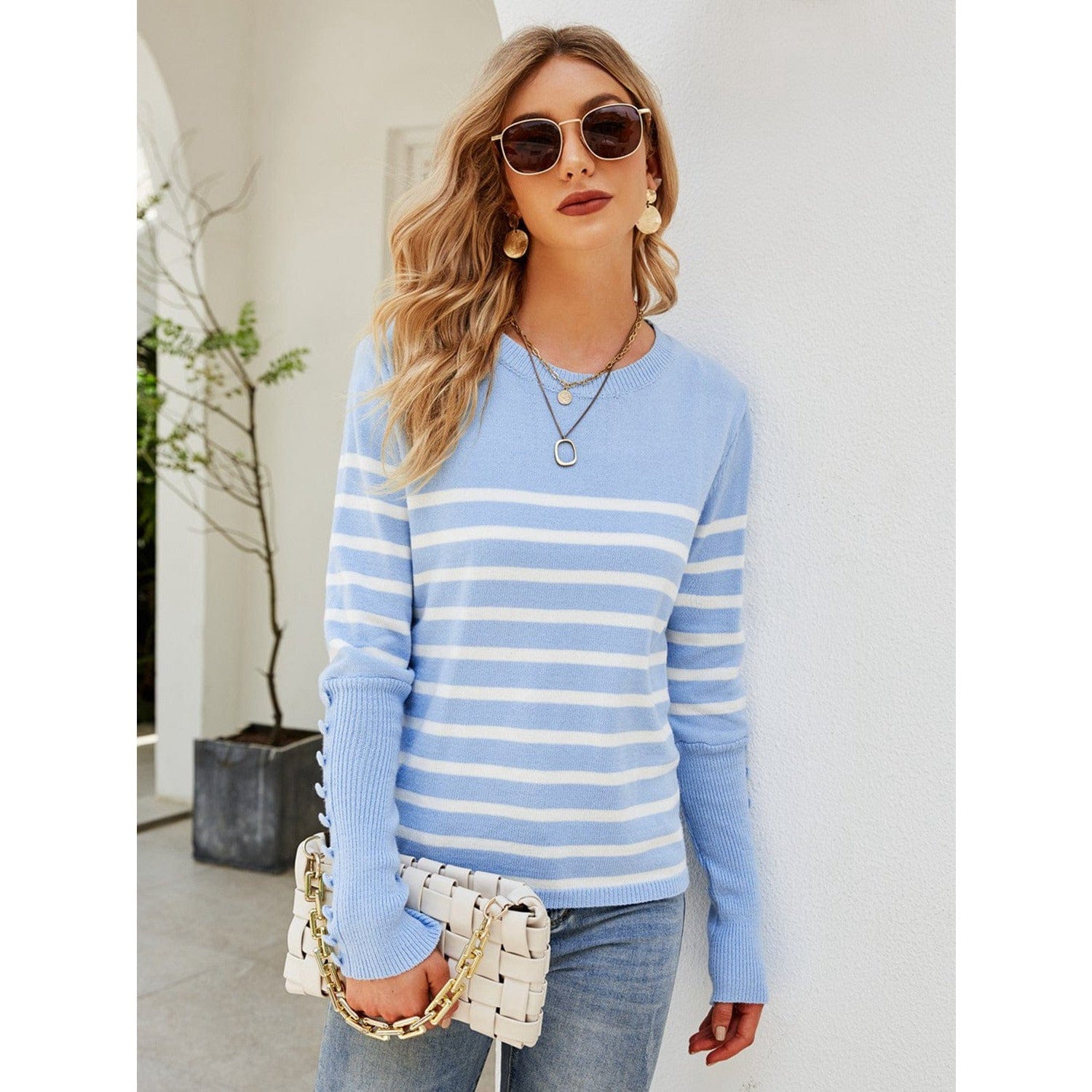 Striped Decorative Button Knit Top