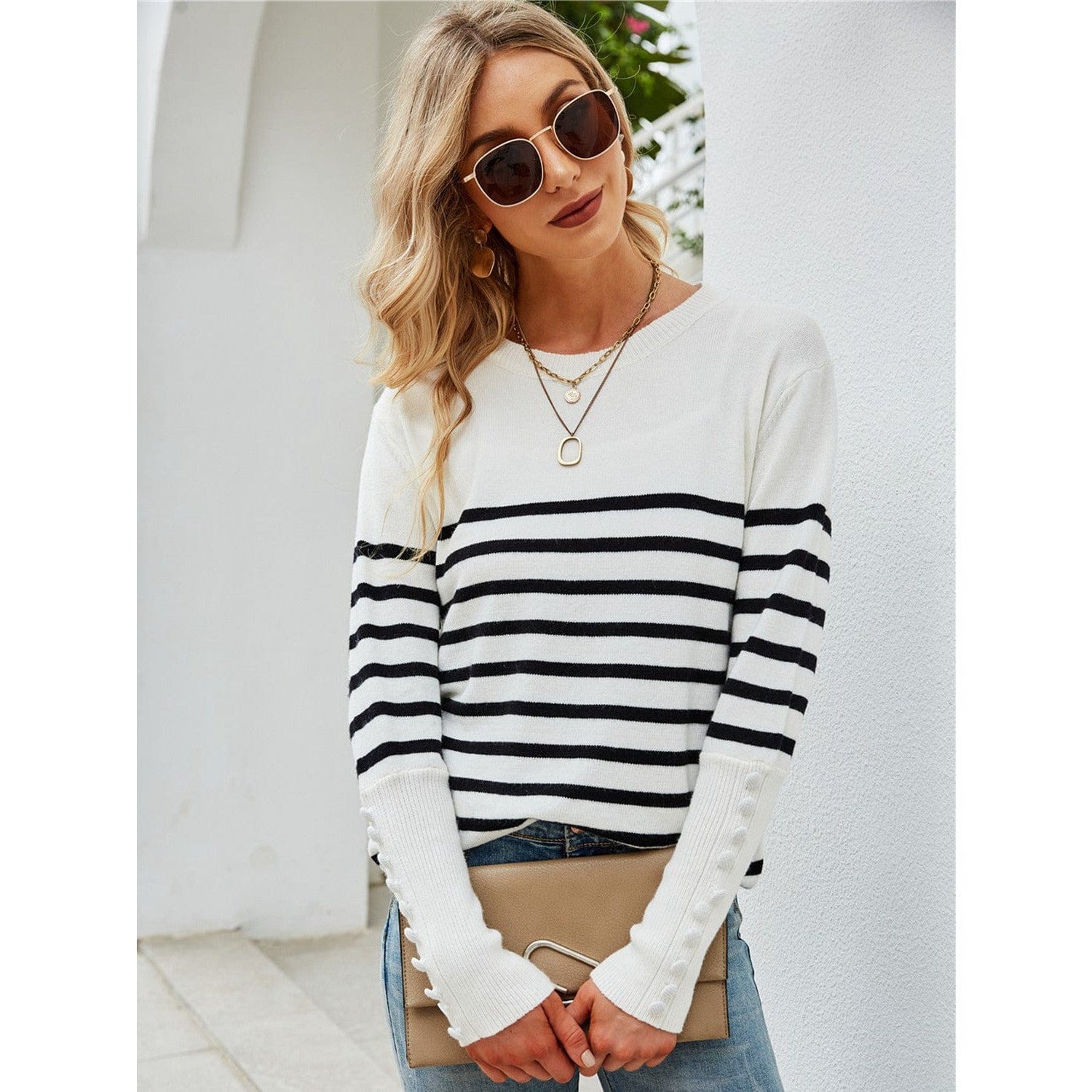 Striped Decorative Button Knit Top