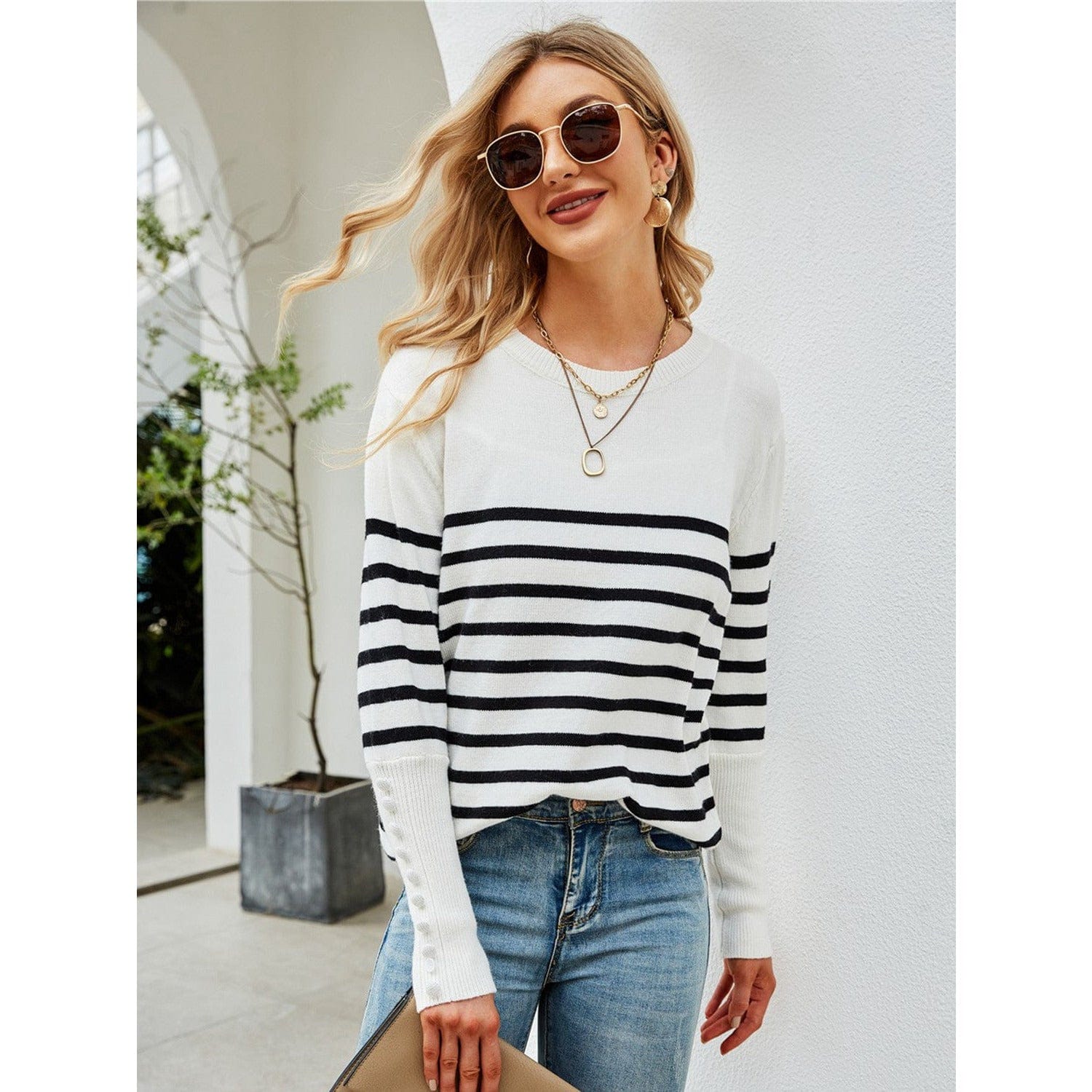 Striped Decorative Button Knit Top