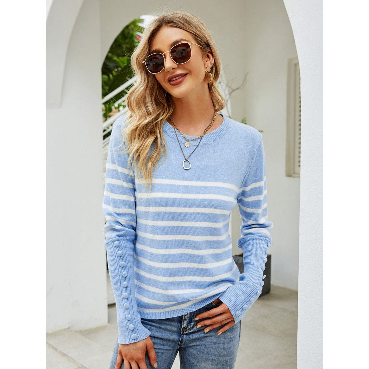 Striped Decorative Button Knit Top