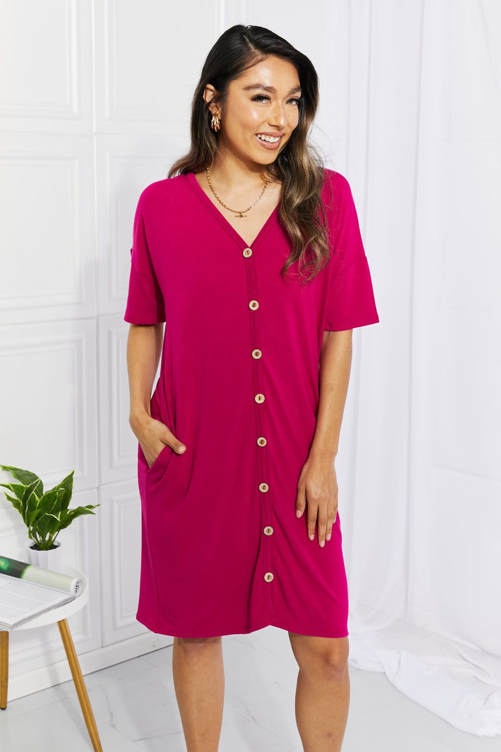 Sunday Brunch Button Down Midi Dress in Magenta