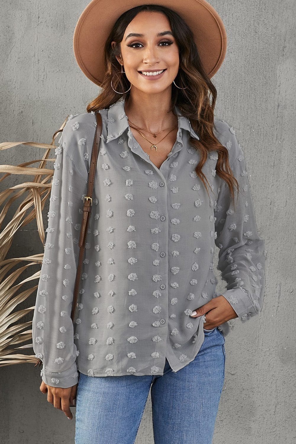 Swiss Dot Button-Up Long Sleeve Shirt