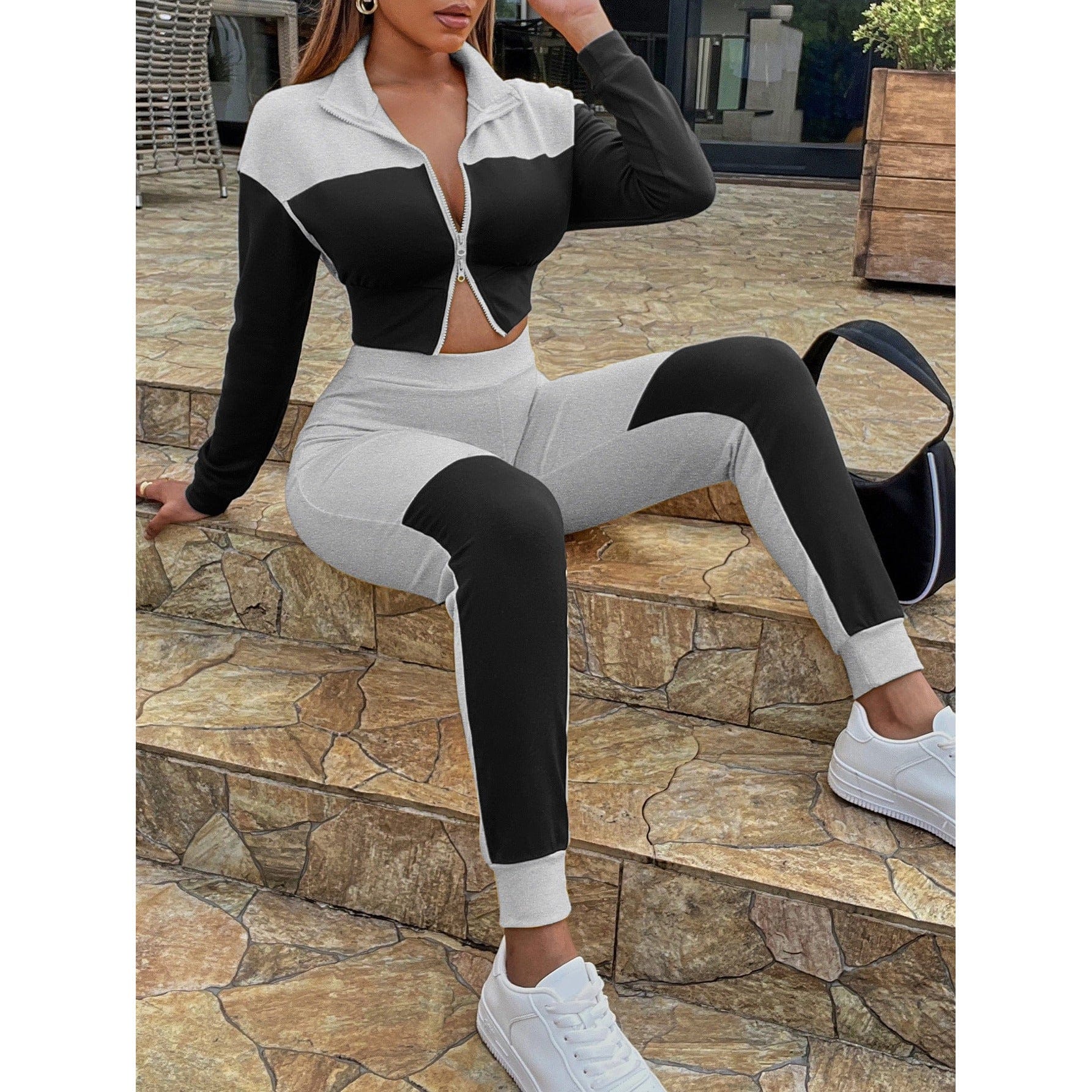 Two-Tone Collared Neck Top and Joggers Set